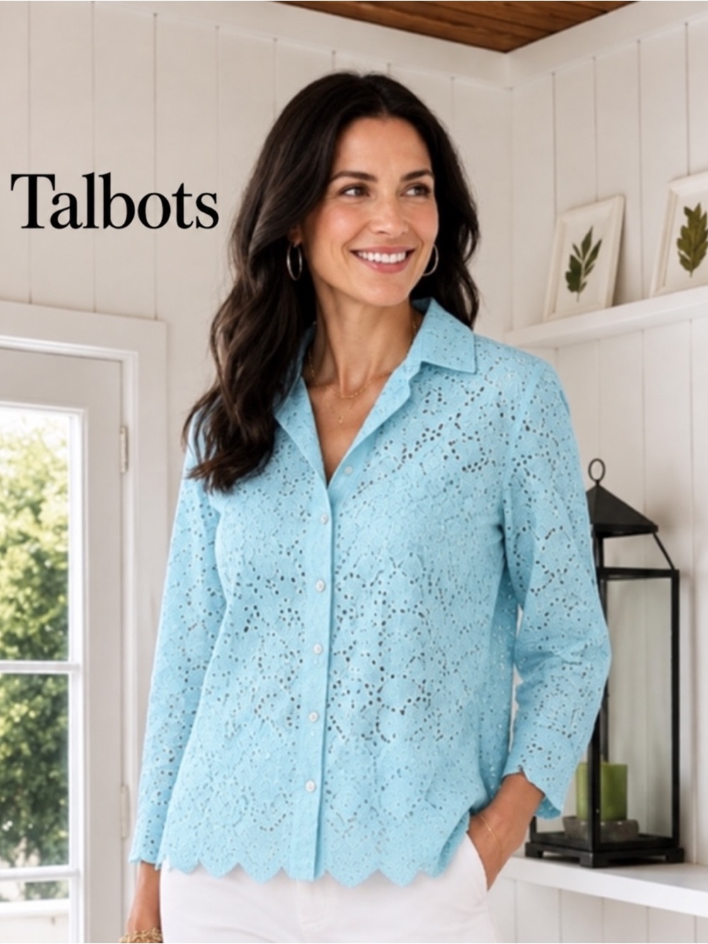 Talbots Aqua Blue Eyelet 100% Cotton Button Front Blouse Scalloped Hem